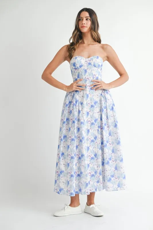 MABLE Sweetheart Neckline Floral Printed Midi Dress-MABLE-Blue-S-Urbanheer