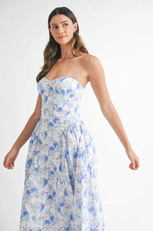 MABLE Sweetheart Neckline Floral Printed Midi Dress-MABLE-Blue-S-Urbanheer