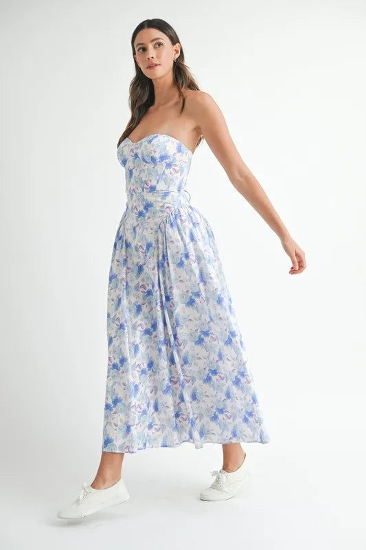 MABLE Sweetheart Neckline Floral Printed Midi Dress-MABLE-Blue-S-Urbanheer
