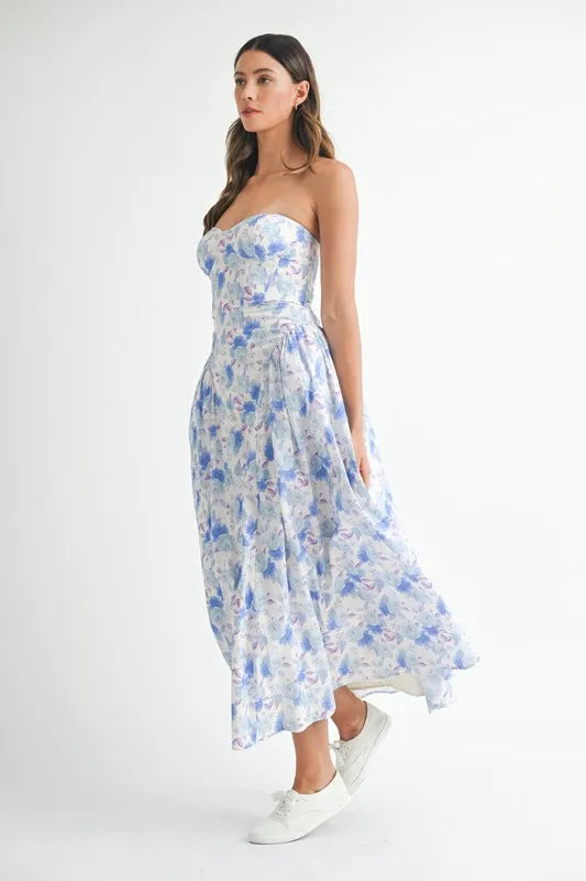 MABLE Sweetheart Neckline Floral Printed Midi Dress-MABLE-Blue-S-Urbanheer