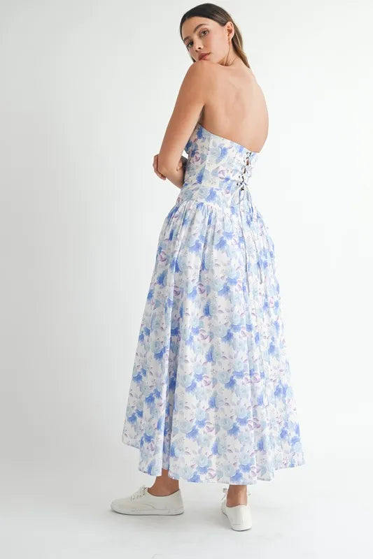 MABLE Sweetheart Neckline Floral Printed Midi Dress-MABLE-Blue-S-Urbanheer