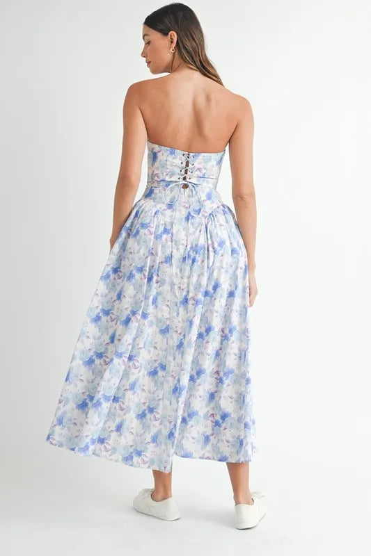 MABLE Sweetheart Neckline Floral Printed Midi Dress-MABLE-Blue-S-Urbanheer