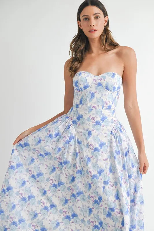 MABLE Sweetheart Neckline Floral Printed Midi Dress-MABLE-Blue-S-Urbanheer