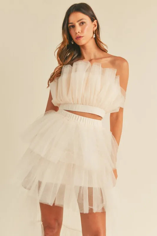 MABLE Tulle Tube Ruffle Crop Top and High Low Maxi Skirt Set-MABLE-Cream-S-Urbanheer