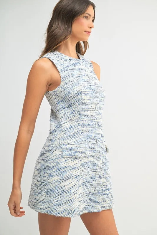 MABLE Tweed Sleeveless Button Down Mini Dress-MABLE-Blue Multi-S-Urbanheer