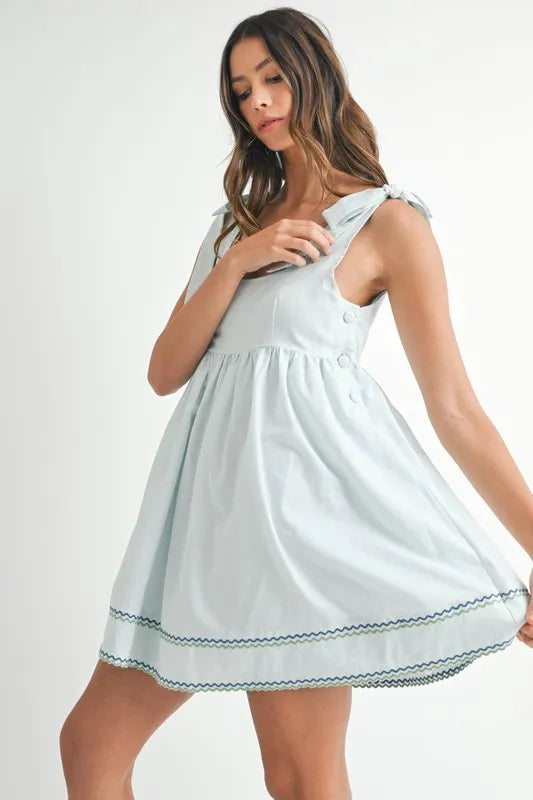 MABLE Zig Zag Embroidered Shoulder Tie Mini Dress-MABLE-Lt Blue-S-Urbanheer