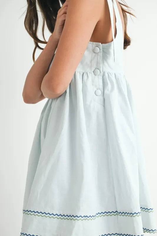 MABLE Zig Zag Embroidered Shoulder Tie Mini Dress-MABLE-Lt Blue-S-Urbanheer