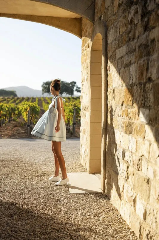 MABLE Zig Zag Embroidered Shoulder Tie Mini Dress-MABLE-Lt Blue-S-Urbanheer