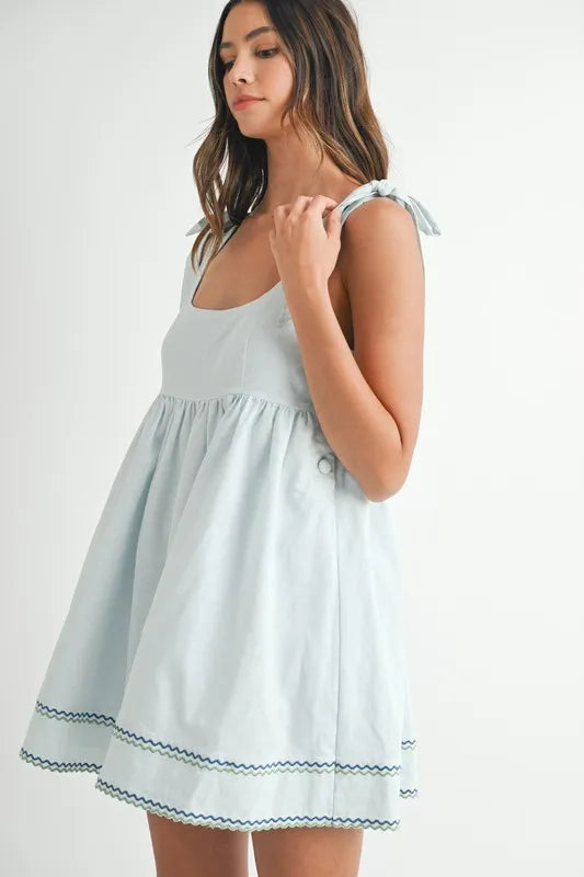 MABLE Zig Zag Embroidered Shoulder Tie Mini Dress-MABLE-Lt Blue-S-Urbanheer