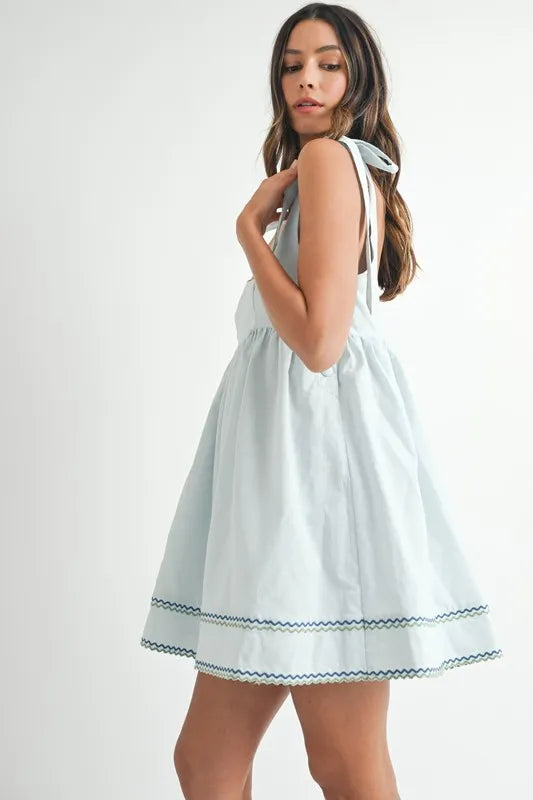 MABLE Zig Zag Embroidered Shoulder Tie Mini Dress-MABLE-Lt Blue-S-Urbanheer