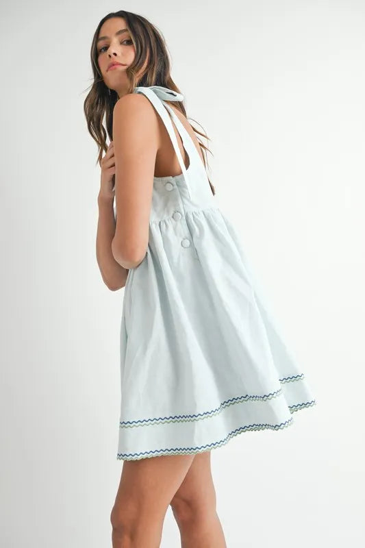 MABLE Zig Zag Embroidered Shoulder Tie Mini Dress-MABLE-Lt Blue-S-Urbanheer