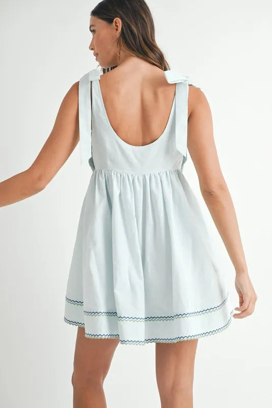 MABLE Zig Zag Embroidered Shoulder Tie Mini Dress-MABLE-Lt Blue-S-Urbanheer