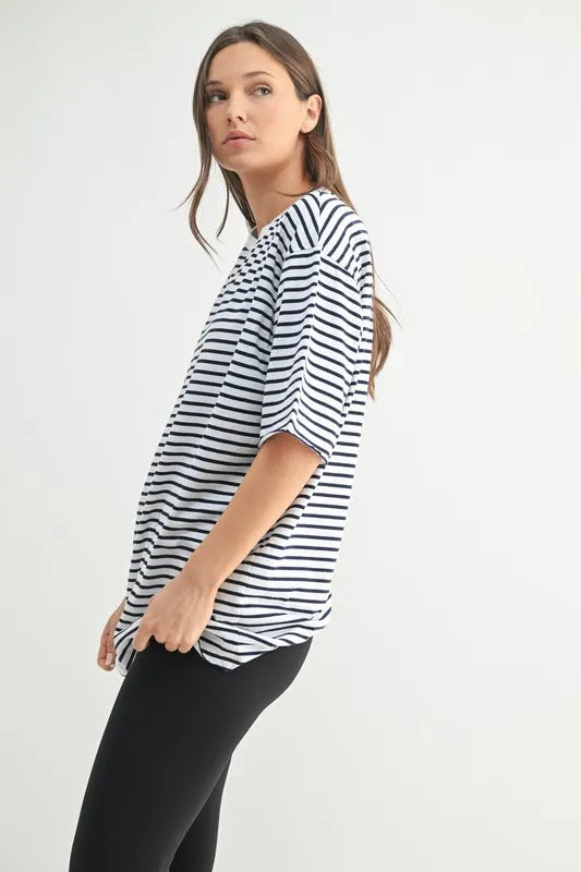 MONO B Coastal Cotton Striped Oversized Crewneck T-Shirt-Mono B-WHITE/NAVY-S-Urbanheer