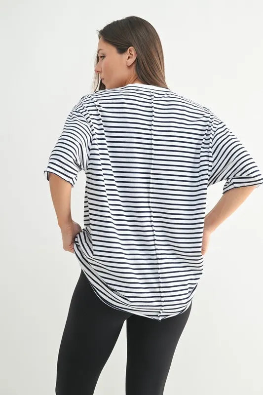 MONO B Coastal Cotton Striped Oversized Crewneck T-Shirt-Mono B-WHITE/NAVY-S-Urbanheer
