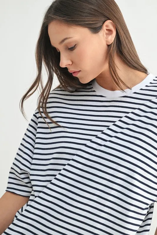 MONO B Coastal Cotton Striped Oversized Crewneck T-Shirt-Mono B-WHITE/NAVY-S-Urbanheer