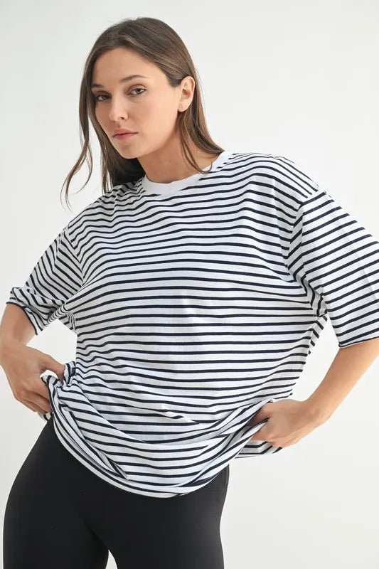 MONO B Coastal Cotton Striped Oversized Crewneck T-Shirt-Mono B-WHITE/NAVY-S-Urbanheer