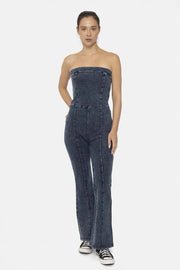 MONO B Cotton Blend Strapless Flared Jumpsuit-Mono B-DENIM-S-Urbanheer