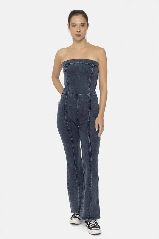 MONO B Cotton Blend Strapless Flared Jumpsuit-Mono B-DENIM-S-Urbanheer
