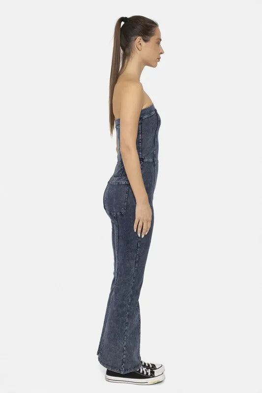 MONO B Cotton Blend Strapless Flared Jumpsuit-Mono B-DENIM-S-Urbanheer