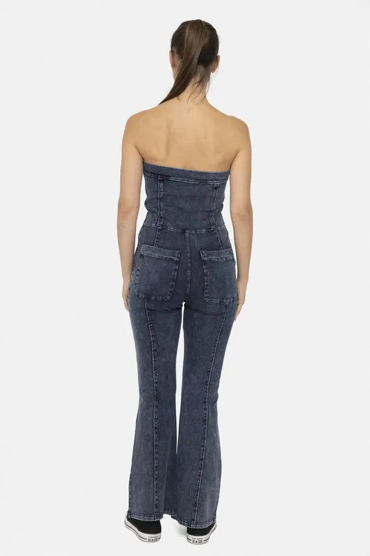 MONO B Cotton Blend Strapless Flared Jumpsuit-Mono B-DENIM-S-Urbanheer