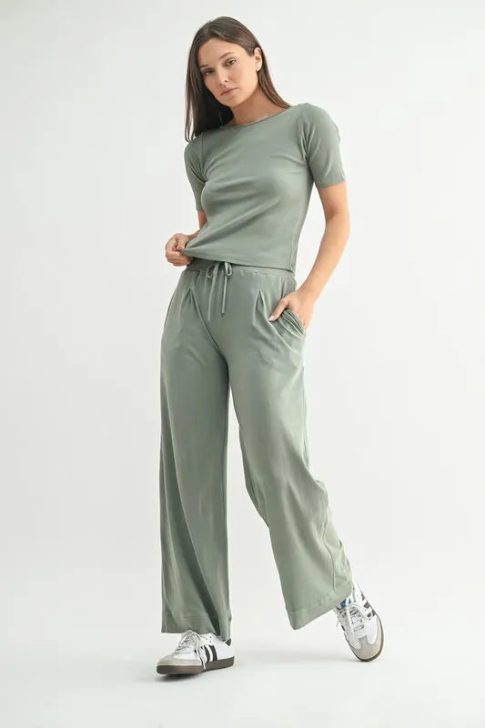 MONO B Vintage Ease Pima Cotton Tee and Pants Set-Mono B-SHADOW-S-Urbanheer