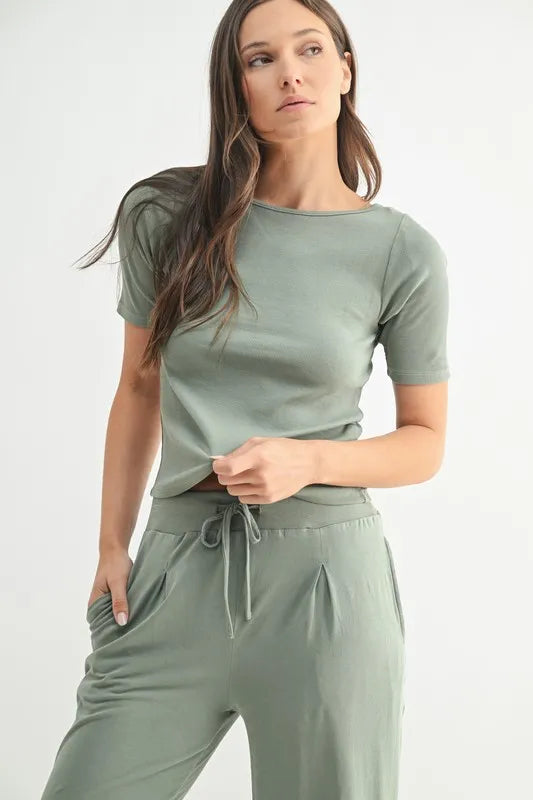 MONO B Vintage Ease Pima Cotton Tee and Pants Set-Mono B-SHADOW-S-Urbanheer