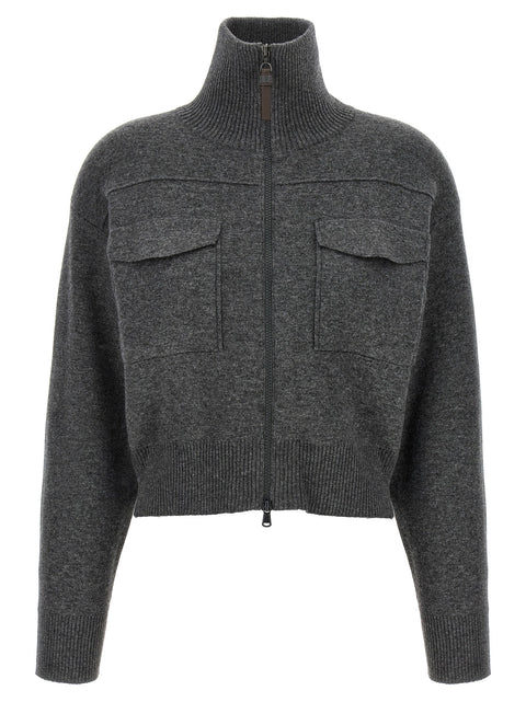 Brunello Cucinelli Shiny Zipper Pull Wool Cardigan