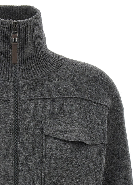 Brunello Cucinelli Shiny Zipper Pull Wool Cardigan