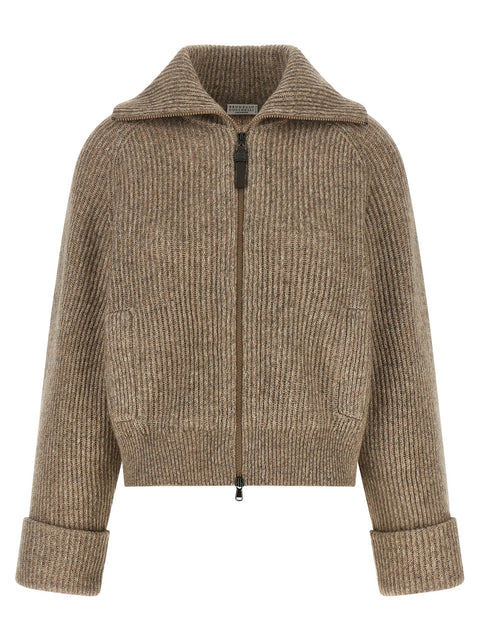 Brunello Cucinelli Shiny Zipper Pull Cardigan