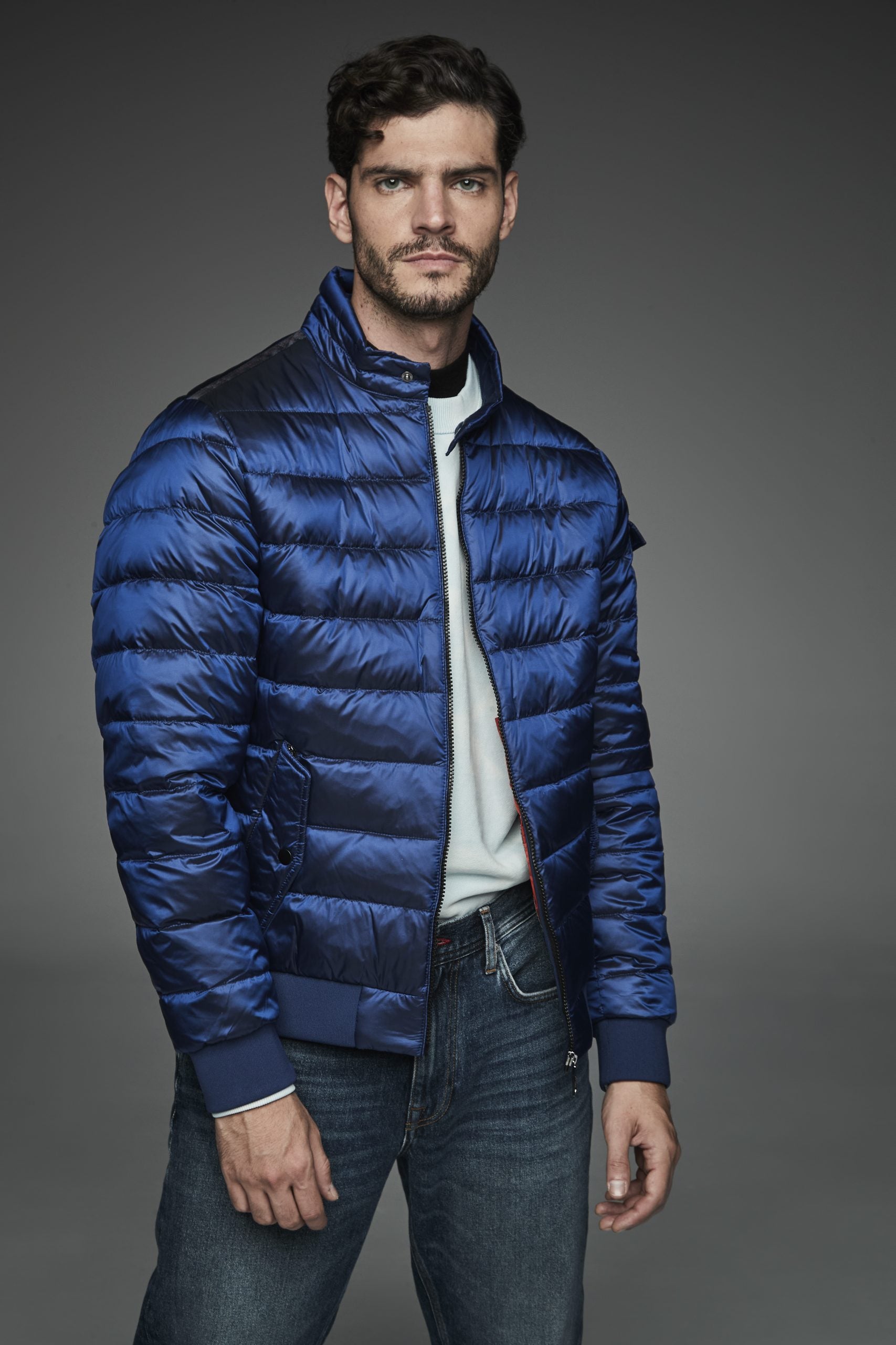 Men Short bomber style down jacket MURRAY-I Ink Blue-Jacket-Henry Arroway-S-Ink Blue-Urbanheer