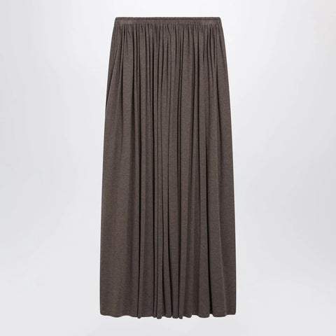 Max Mara Long Pleated Skirt in Dark Khaki Lightweight Jersey