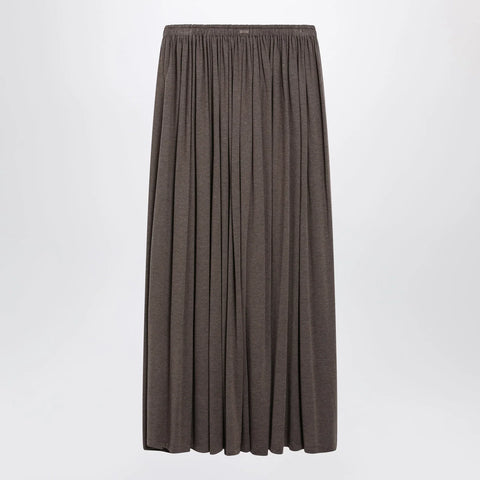 Max Mara Long Pleated Skirt in Dark Khaki Lightweight Jersey