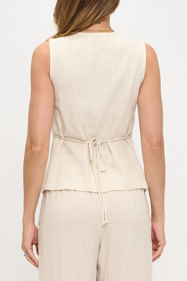 Made in USA Linen Sleeveless Vest with Buttons and Back Tie-Vest-Renee C.-S-LINEN-Urbanheer