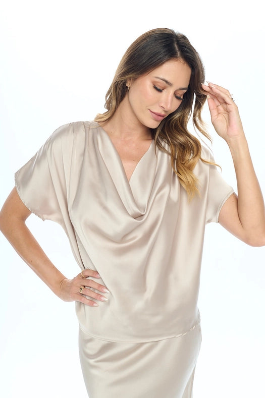 Made in USA Satin Cowl Neck Short Sleeve Top-Top-Renee C.-S-BEIGE-Urbanheer