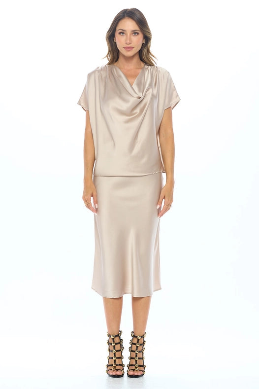 Made in USA Satin Cowl Neck Short Sleeve Top-Top-Renee C.-S-BEIGE-Urbanheer