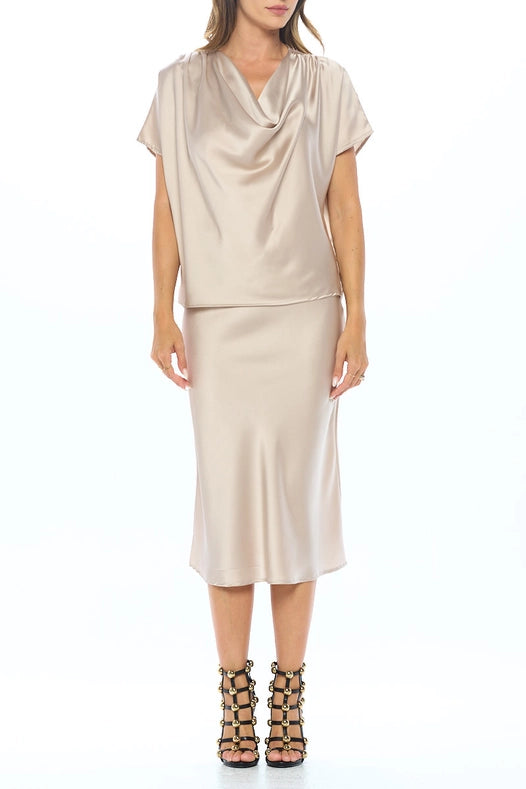 Made in USA Satin Cowl Neck Short Sleeve Top-Top-Renee C.-S-BEIGE-Urbanheer