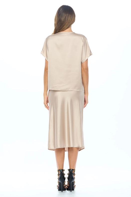 Made in USA Satin Cowl Neck Short Sleeve Top-Top-Renee C.-S-BEIGE-Urbanheer