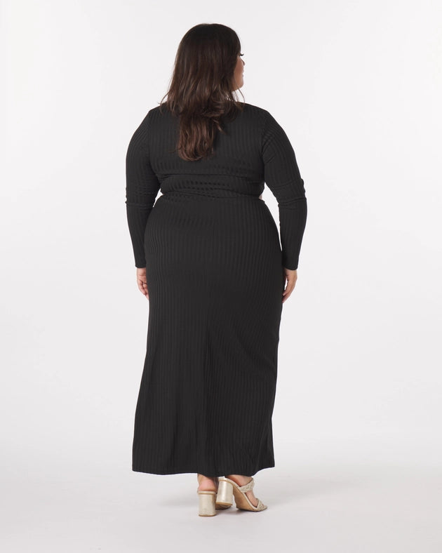 Madeline Knit Cut-Out Maxi Dress in Black from What Lo Wants Urbanheer Madeline Knit Cut-Out Maxi Dress in Black from What Lo Wants Urbanheer