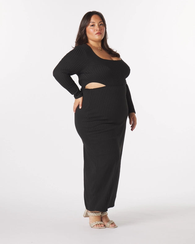 Madeline Knit Cut-Out Maxi Dress in Black from What Lo Wants Urbanheer Madeline Knit Cut-Out Maxi Dress in Black from What Lo Wants Urbanheer