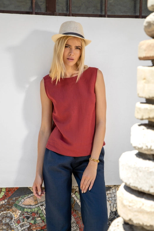Madrid Linen Sleeveless Top with Open Back with Straps-Top-Truly Linen-XS-Red-Urbanheer
