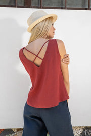 Madrid Linen Sleeveless Top with Open Back with Straps-Top-Truly Linen-XS-Red-Urbanheer