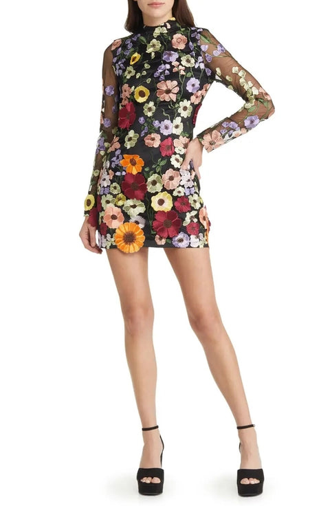 Maeva Floral Printed Long Sleeve Mini Dress Black-Dress-Amy Lynn-S-Black-Urbanheer