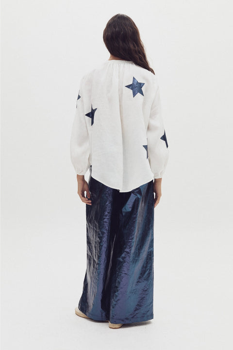 Make A Wish Linen Shirt - Off-White with Dark Blue