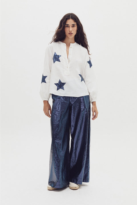 Make A Wish Linen Shirt - Off-White with Dark Blue