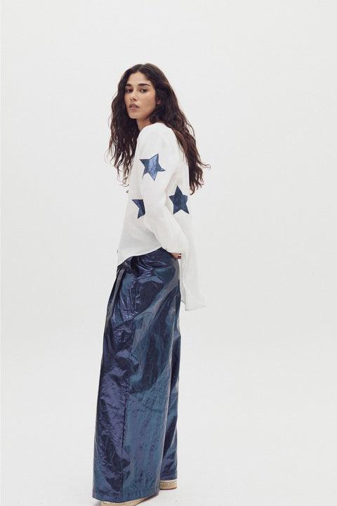 Make A Wish Linen Shirt - Off-White with Dark Blue