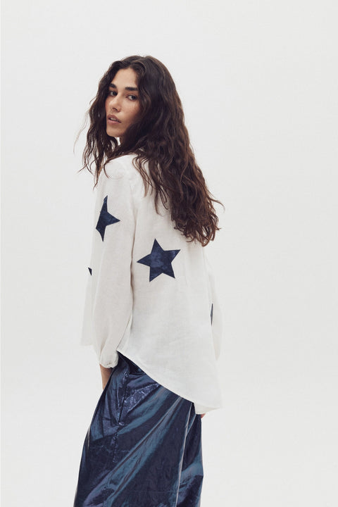 Make A Wish Linen Shirt - Off-White with Dark Blue