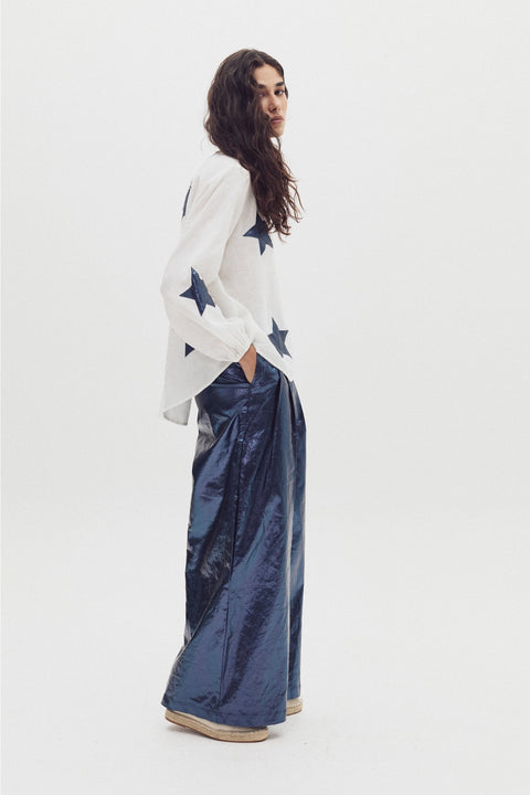 Make A Wish Linen Shirt - Off-White with Dark Blue