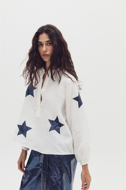 Make A Wish Linen Shirt - Off-White with Dark Blue
