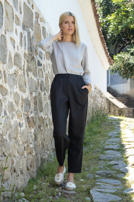 Malmo Linen Tapered Leg Long Trousers-Trousers-Truly Linen-XS-black-Urbanheer