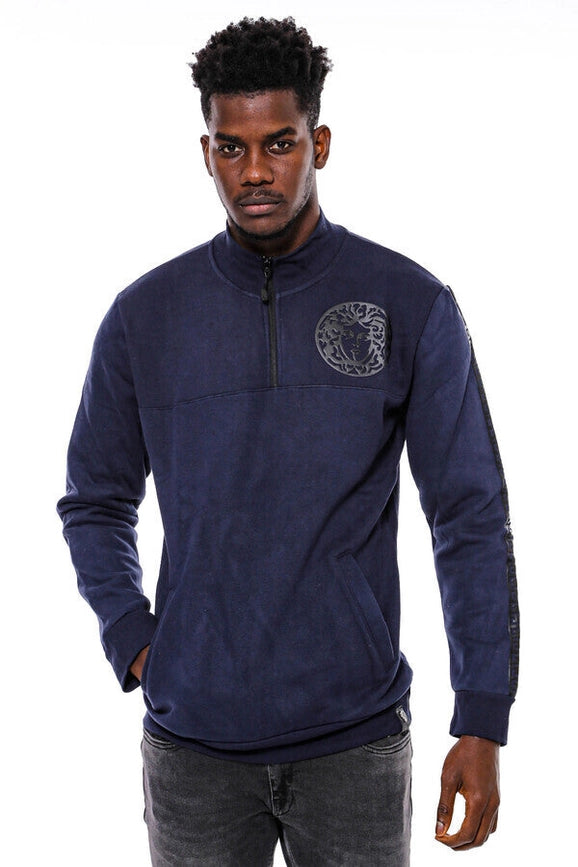 Mandarin Collar Slim Fit Navy Blue Sweatshirt-Sweatshirt-Wessi-S-Navy Blue-Urbanheer